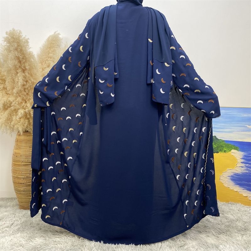Yeni Müslüman Elbiseler İslami Giyim Ay Nakışlı Bornoz ve Şifon Eşarp Ramazan Dubai Lüks Abaya Kadınlar İçin Fas Kaftanlar_voghion.com