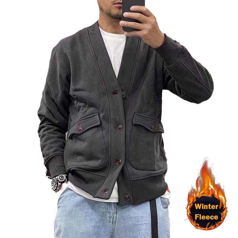 ActiveGo ActiveGo Commercio Estero Autunno Inverno Nuovo Pile Ispessito Europeo e Americano Giacca con Scollo a V da Uomo Cardigan Retrò alla Moda_voghion.com