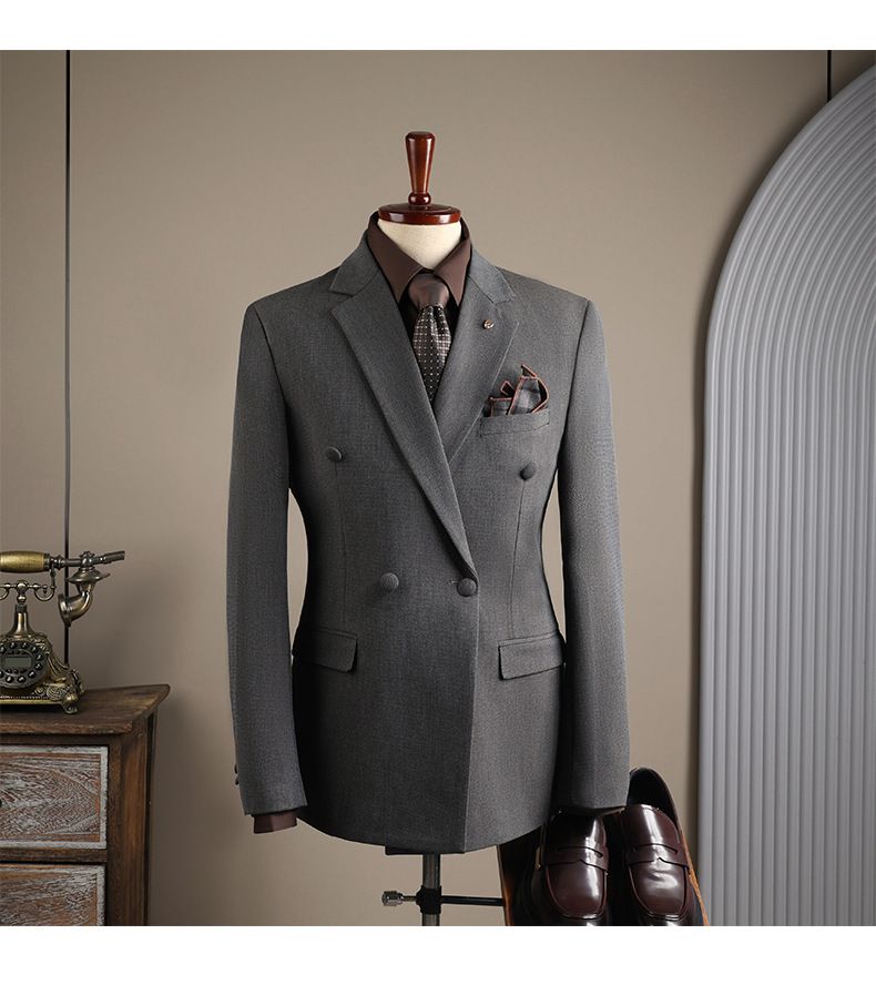 Men's Slim Fit Double Breasted Suit Set - Business Casual Blazer & Trousers For Wedding & Office (Black/Grey/Tan, Sizes 48-58)_voghion.com