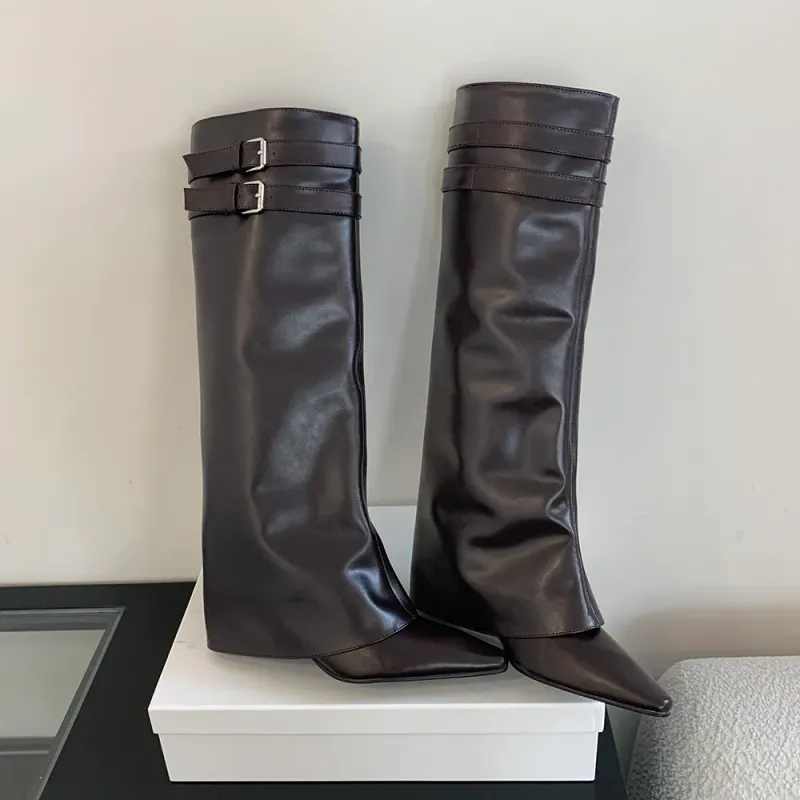 Spitzschuh Damen Winterstiefel Keil High Heels Gürtelschnalle Schwarz Braun PU Leder Botas Fashion Abendschuhe Frau 39_voghion.com