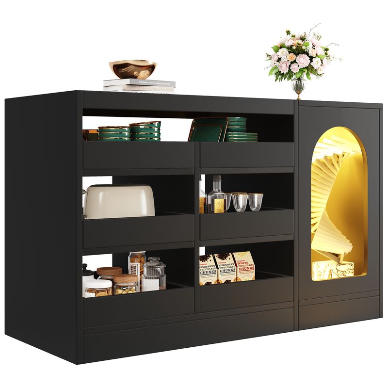 Kommode Schwarz Mit 6 Schubladen, LED-Licht, Hohlschranktür_voghion.com
