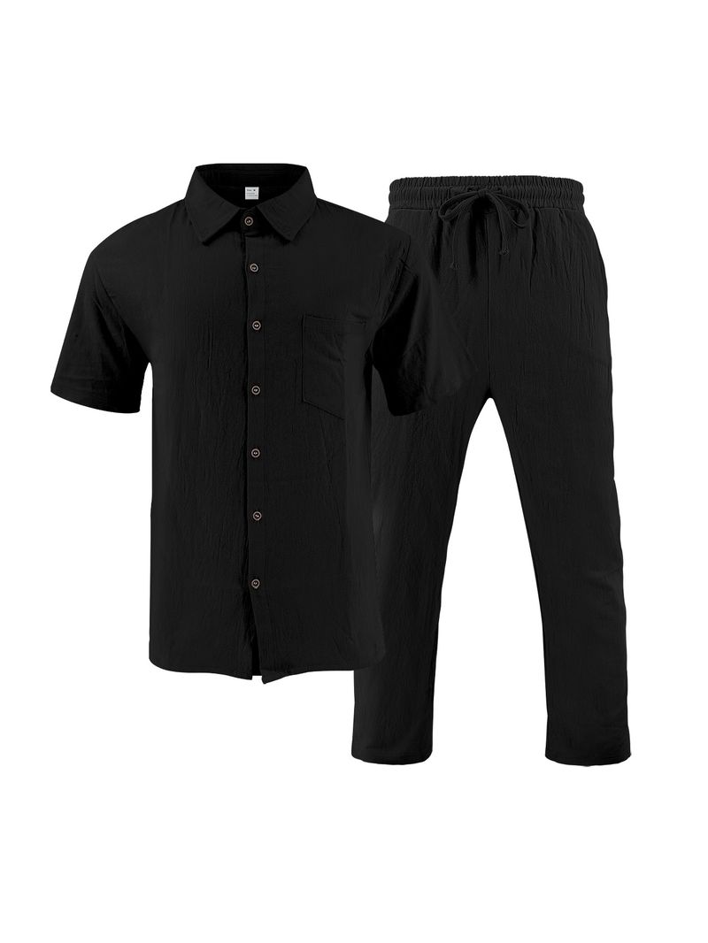 Set de cămașă și pantaloni scurți de plajă din in pentru bărbați, costum casual de vară cu mânecă scurtă_voghion.com