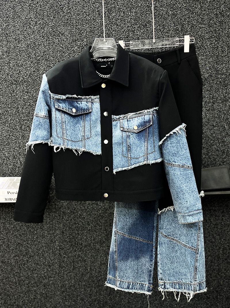 Denim-Paneled Jacket & Pants Set – Men’s Oversized Streetwear Two-Piece (M-XL) – Korean-Inspired Casual Outfit_voghion.com