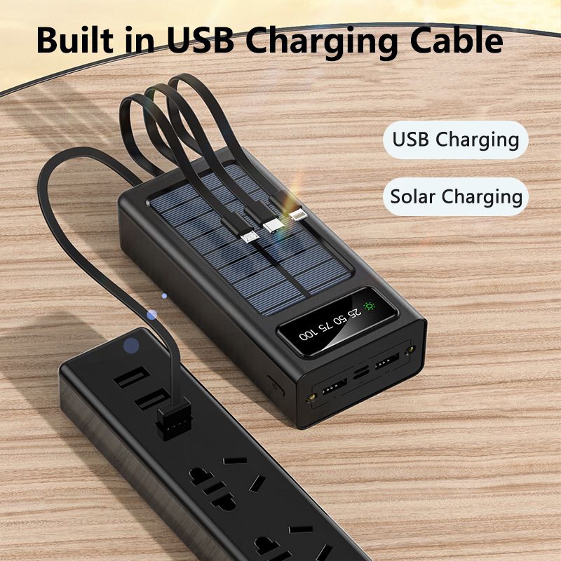 Batterie externe solaire 30 000 mAh, grande capacité, 4 câbles intégrés, charge rapide, éclairage LED, pour Xiaomi, iPhone, Samsung_voghion.com