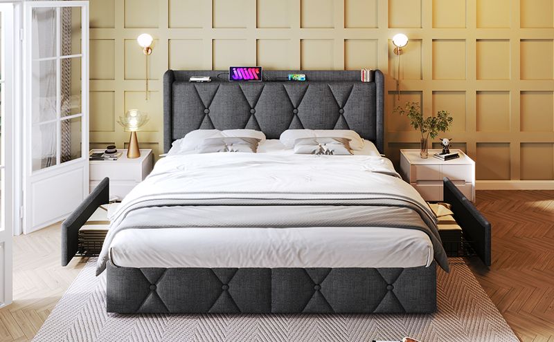 Cadre de lit double avec rangement 140 x 200 cm, avec port USB, tête de lit capitonnée et 4 tiroirs, sommier à lattes en bois gris (avec matelas)_voghion.com