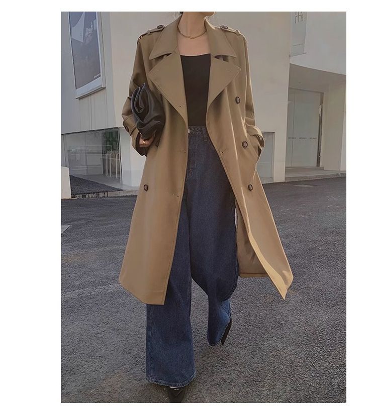 2025 Zhou Miao New British Style Design Sense Niche High-End Mittellanger Khaki Trenchcoat Loose Fit_voghion.com