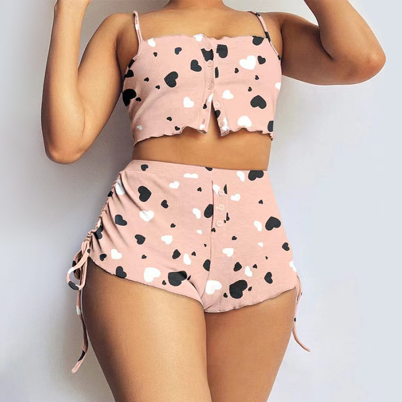 Conjunto de shorts suspensores com botão estampado e peito aberto para meninas que podem ser usados ao ar livre com alças e pijamas femininos elásticos_voghion.com