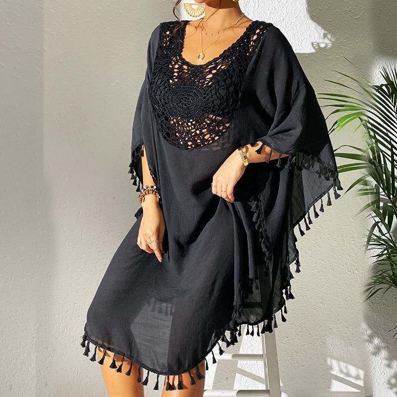 Crochet-Trimmed Polyester Beach Cover-Up – Flowy & Sexy Bikini Wrap For Vacation & Swim (One Size) – Lightweight & Stylish_voghion.com