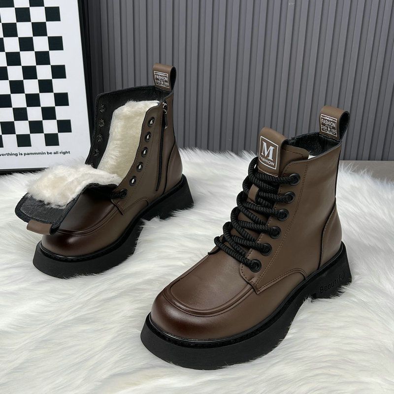 Stivali da neve in lana con pelliccia integrata, stivali bassi popolari, stivali Martin da donna, scarpe invernali calde con suola spessa e antiscivolo in cotone_voghion.com