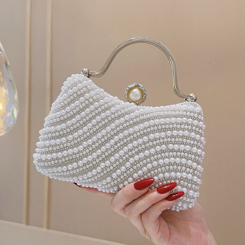 Borsa da sera in perle da donna, stile portatile, completamente ricoperta di perle, manico in metallo, squisitamente accattivante, adatta per_voghion.com
