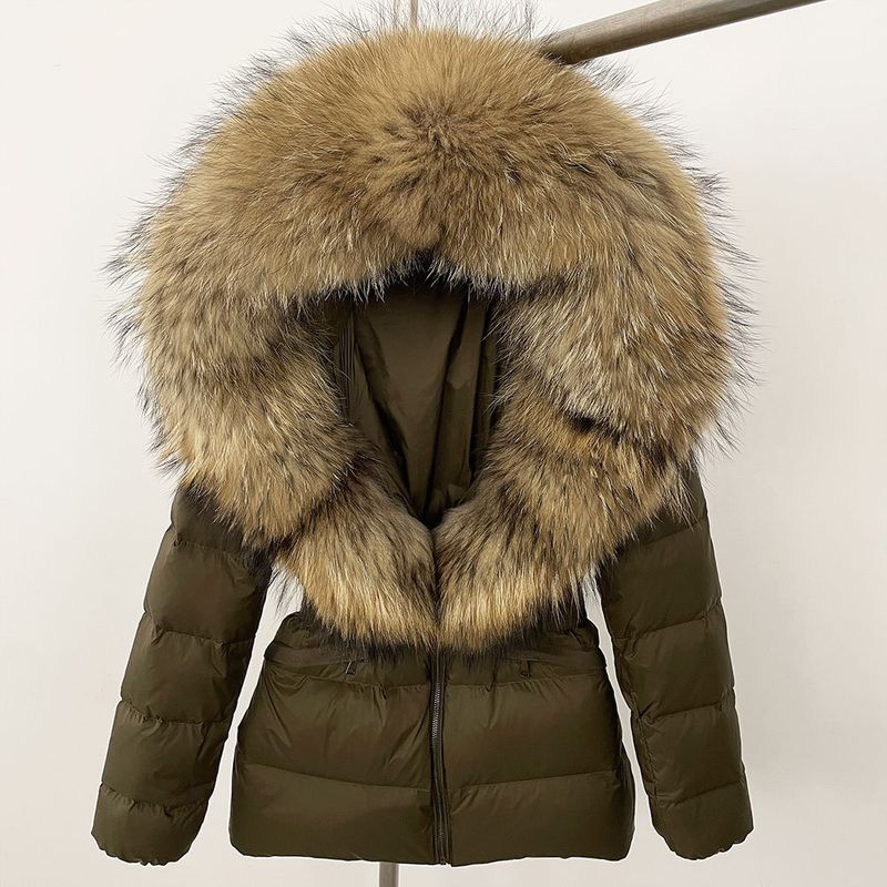 Luxury Faux Fur Trim Hooded Down Jacket For Women, Slim Fit Waist Belt, Warm Winter Coat With Detachable Fox Fur Collar, Polyester Shell_voghion.com
