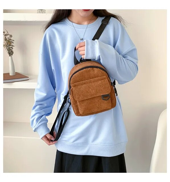 Mini zaino da donna alla moda Zaini piccoli in velluto a coste tinta unita Zaini da viaggio per studenti semplici e casual_voghion.com