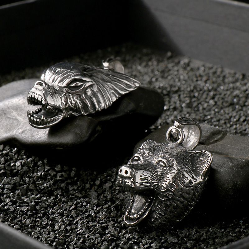Collana antica a forma di animale da uomo, stile punk, con ciondolo a forma di testa di leone, testa di lupo, volpe, acciaio al titanio_voghion.com