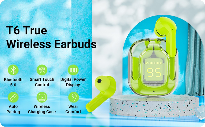 T6 Tws Earpuds Wireless Bluetooth 5.0 Sport Gaming Headsets Noise Reduction Earbuds Mic Headp with LED Display_voghion.com