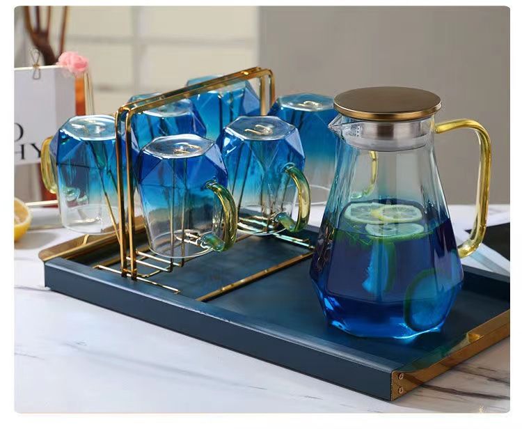 Set di brocche in vetro sfumato (brocca da 1800 ml + tazza da 300 ml) – Caraffa in borosilicato spesso per tè freddo, succhi e cocktail. Elegante decorazione per casa e ufficio._voghion.com