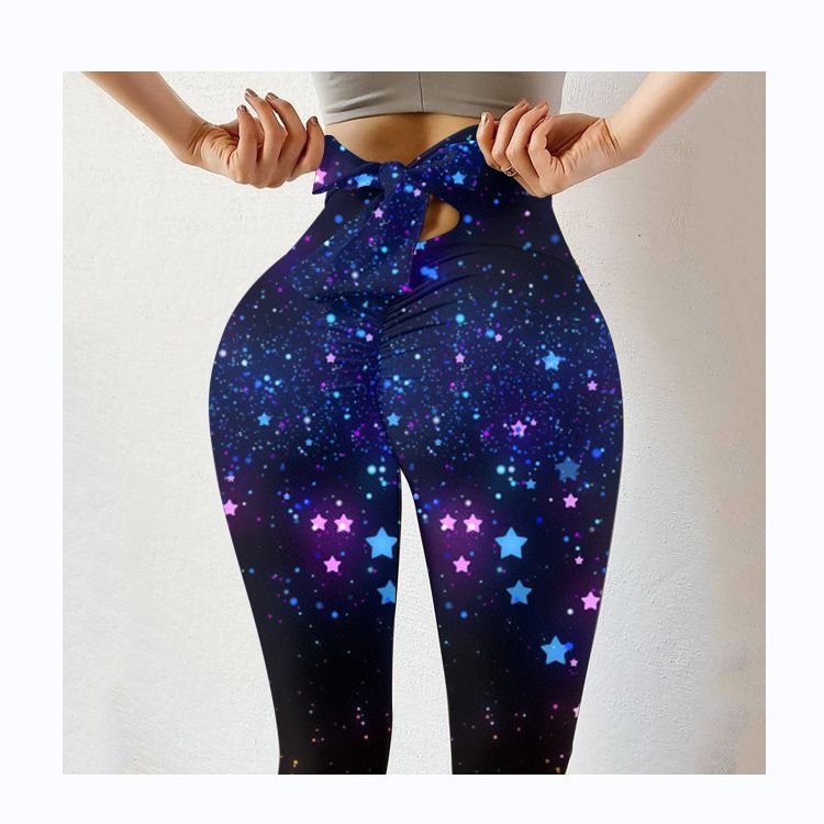 Pantaloni da yoga da yoga da donna con stampa multicolore antirughe sull'anca, dimagranti a vita alta, con fiocco elasticizzato_voghion.com