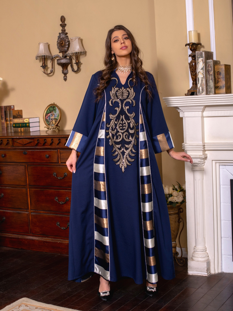 Kvinders broderede stribede abaya muslimske muslimske abaya_voghion.com