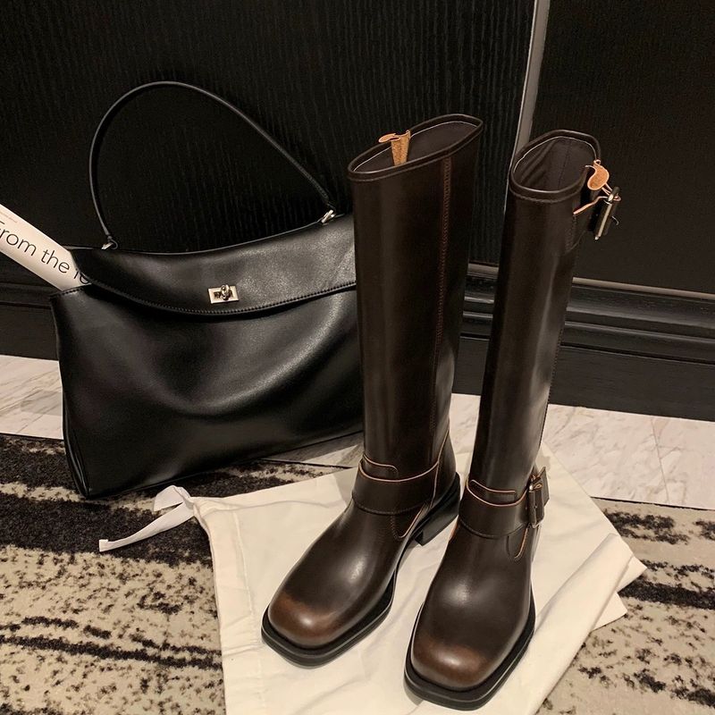 Grape Mom Studiolee Square Toe Versatile Chunky Heel Thick Sole Buckle Strap Over-the-Knee Mid-Calf Riding Boots For_voghion.com