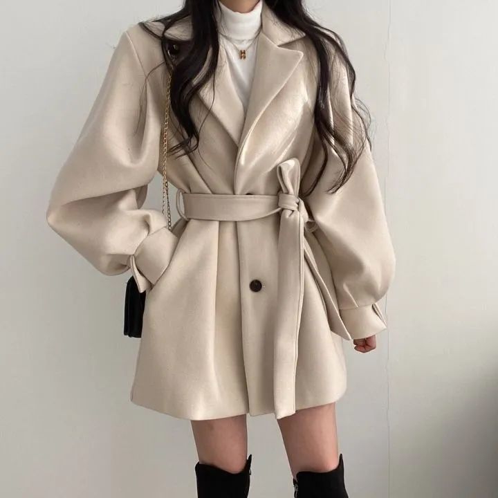 Haină de lână tip guler windbreaker de lungime medie pentru femei, la modă, caldă și de iarnă_voghion.com