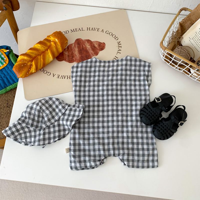 Mutter & Kinder Jungen 2024 neue Sommerkleidung Baby Sommer stylischer karierter Overall Kurzarm Strampler Krabbelkleidung zweiteiliges Set_voghion.com