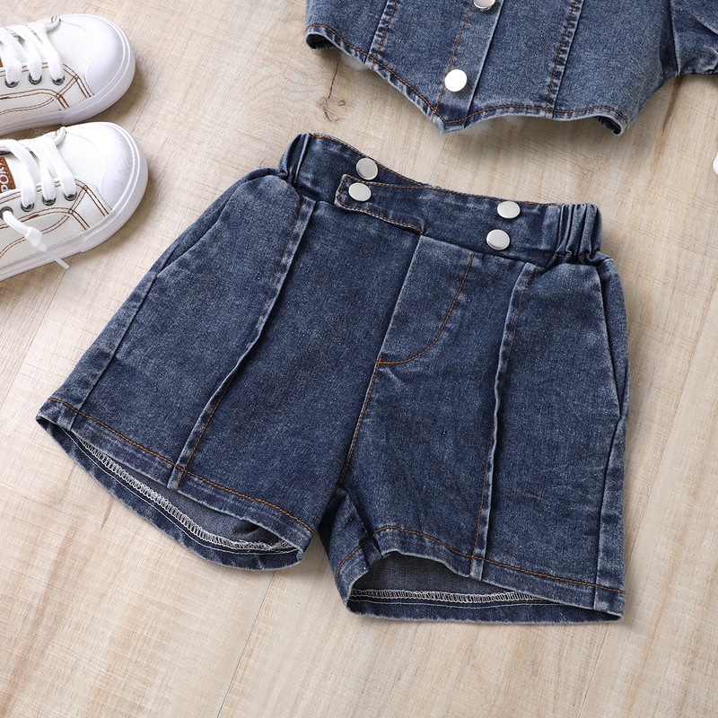 Babykleding Kinderjurk Zomers denim pak met geribde kraag, lantaarnmouwen en bloemendessin voor meisjes_voghion.com