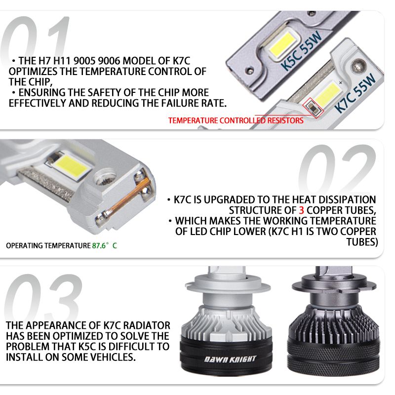 DAWNKNIGHT K7C 4300K H7 H4 H11 Lampada 3 Luci a Tubo di Rame per Auto H1 HB3 9005 HB4 9006 Lampadina per Fari a LED 12V_voghion.com