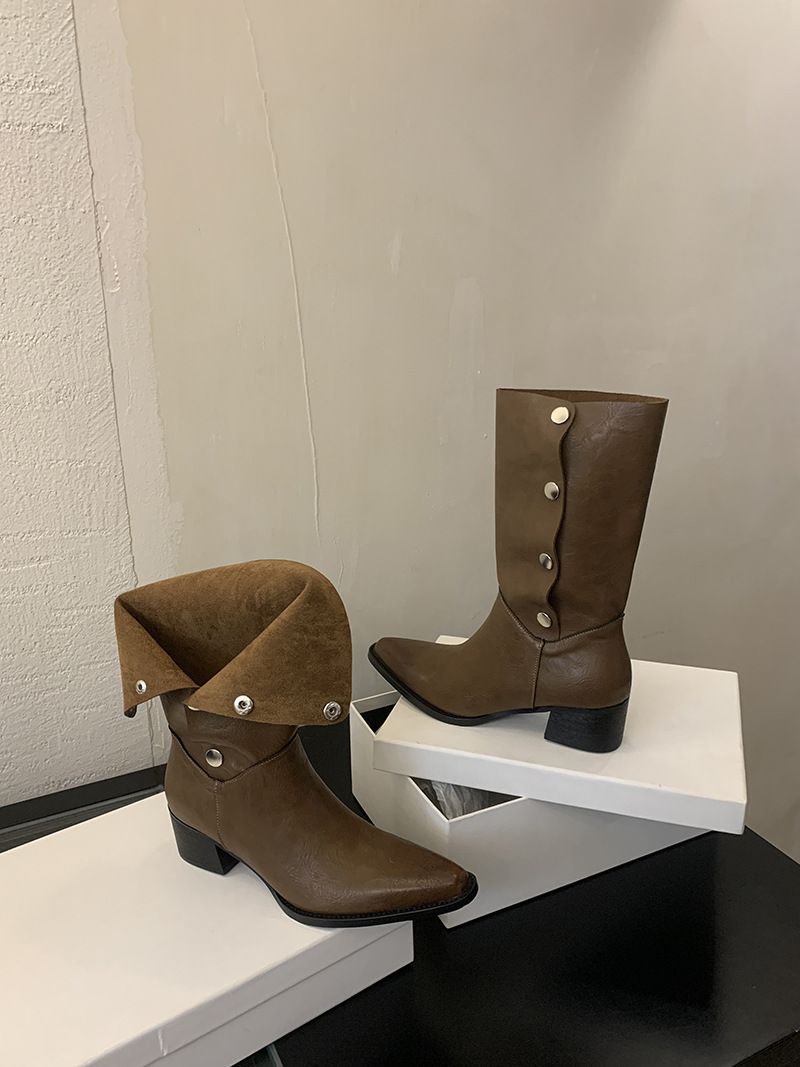 Damenschuhe Stiefeletten Herbst Neue Stiefel aus weichem Leder in geriebener Farbe Metall versteckte Schnalle kann gefaltet werden Zwei Tragemöglichkeiten Retro-Ritterstiefel mit dickem Absatz_voghion.com