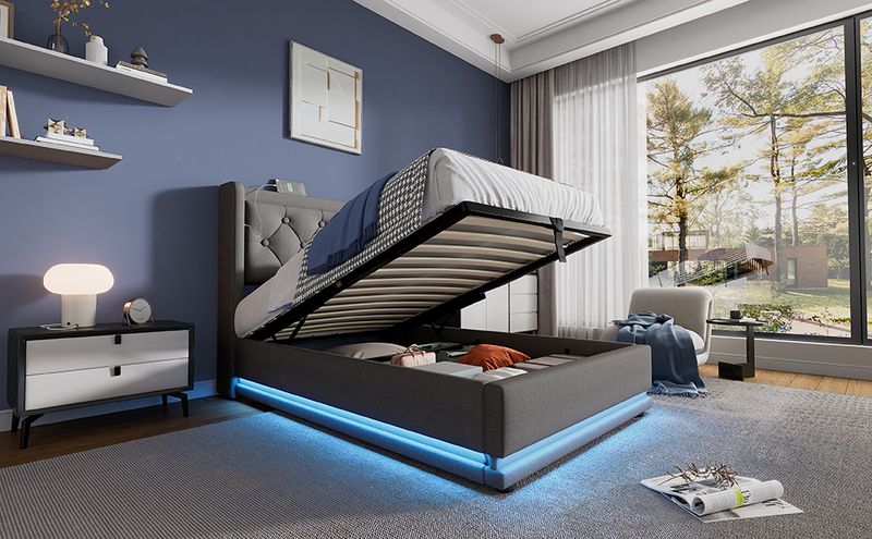 Polsterbett Doppelbett 90*200 Cm,Grau Baumwolle-Material Hydraulisches Stauraumbett, Gepolstertes Kopfteil Mit USB Typ-C Ladefunktion, 3-seitige LED-Funktion(Mit Matratze)_voghion.com