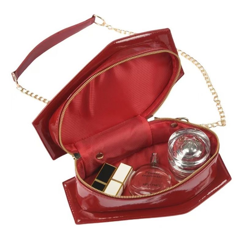 Borsa a tracolla da donna in pelle verniciata gotica ricamata a forma di bara, in vendita calda, con trucco scuro e punk rosso_voghion.com