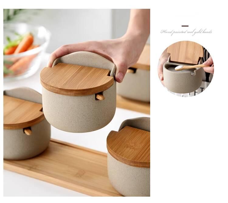 Kreatives, einfaches Gewürzdosen-Set aus Keramik im japanischen Stil mit Bambusdeckel zur gesundheitsschonenden Aufbewahrung, 3-teiliges Zucker-/Salzdosen-Set_voghion.com