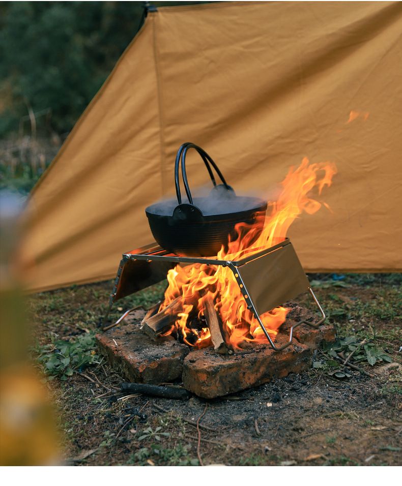 Set di barbecue portatile antivento da campeggio in acciaio inox per esterni, con supporto per pentola e padella, con parabrezza_voghion.com