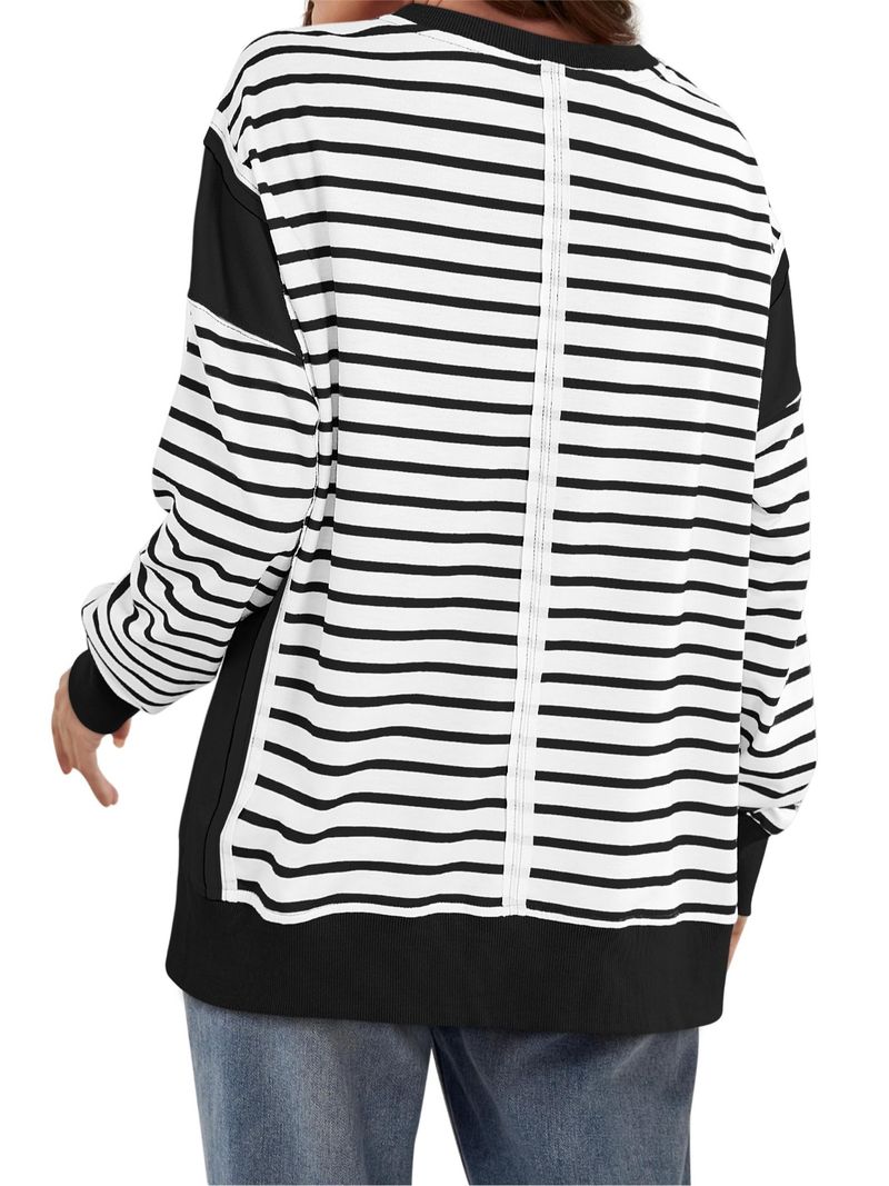 T-shirt a maniche lunghe da donna con righe a contrasto di colore - Felpa girocollo con motivo stampato_voghion.com