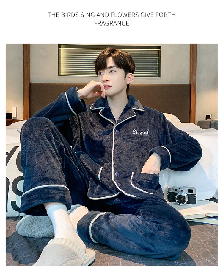 Men's sleepwear, men's with thick coral fleece, autumn and winter 2024 flannel home suit set_voghion.com