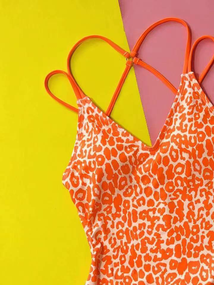 Maillot de bain bikini une pièce, imprimé léopard multicolore, sexy, avec bretelles unies, dos nu, pour femmes_voghion.com