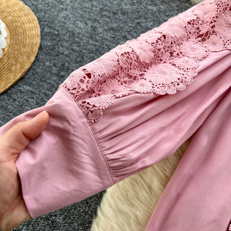 Damenbekleidung Frühling Zweiteiliger Anzug für Frauen im Palaststil Retro Hohle Spitzennähte Langarmhemd Hoch taillierter Rock_voghion.com