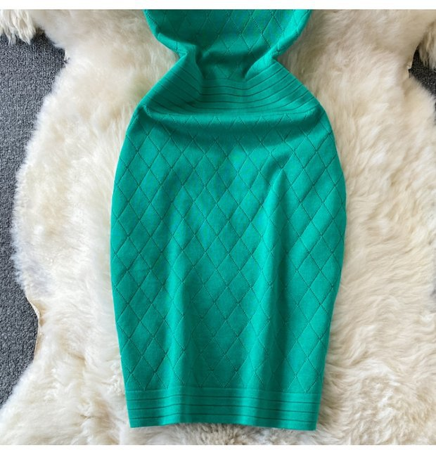 Damen Rundhals Ärmelloses Strick Neckholder Off-Shoulder Kleid Sexy Hüftbetontes Kurzrockkleid_voghion.com