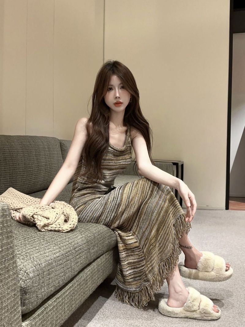 Sanfte, faule Netzbluse im Herbst-High-End-Stil, mit Riemen und Quaste, langes Kleid, Cardigan-Set_voghion.com