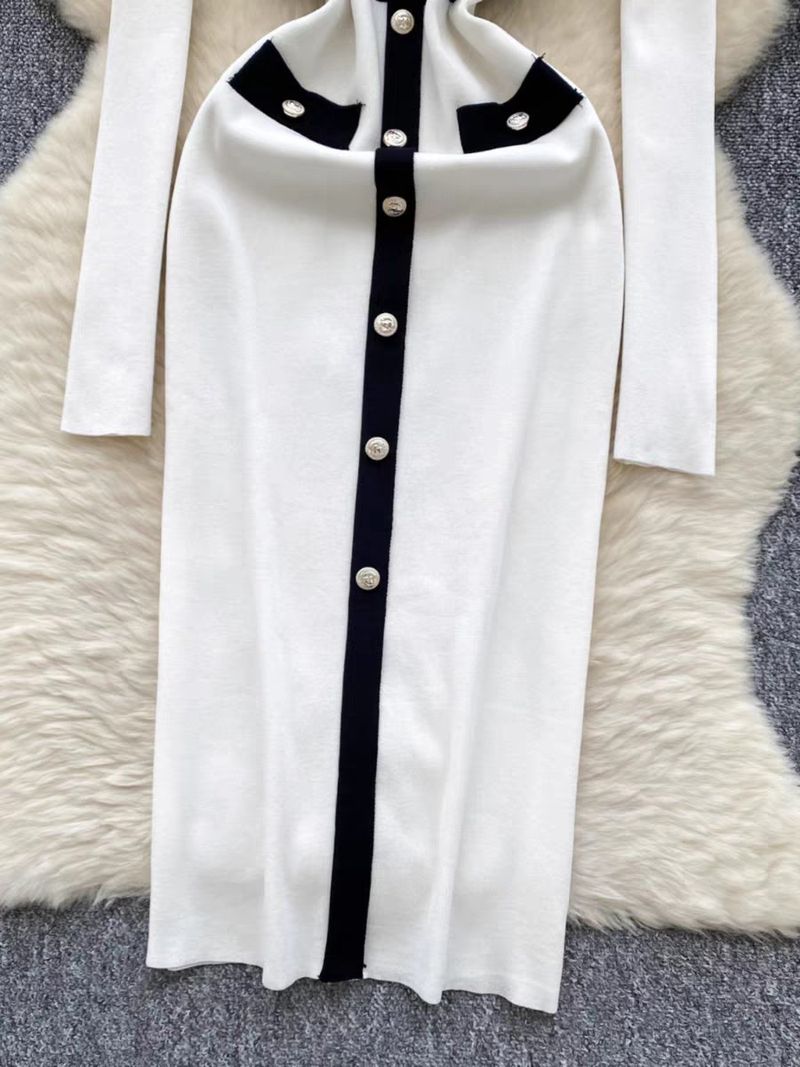 Vêtements pour femmes Automne Nouvelle robe tricotée pour femmes Rétro Couleur contrastée Col en V Boucle en métal Taille Slim Robe tricotée_voghion.com