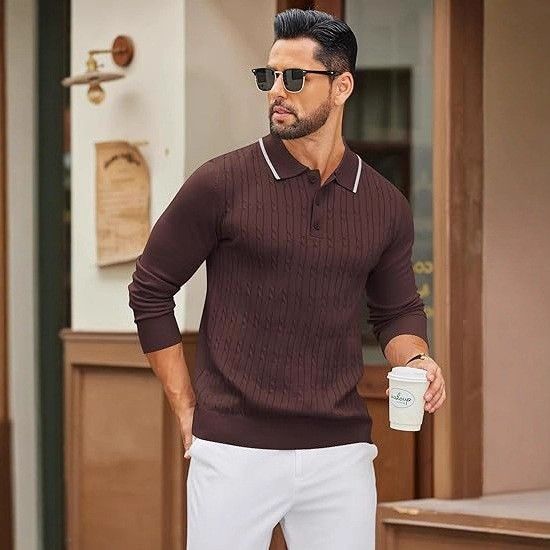 Men’s Textured Knit Sweater – Autumn Loose-Fit Crewneck Pullover With Jacquard Pattern (S-XXL, Moisture-Wicking, Black/Brown/Green, Business Casual)_voghion.com