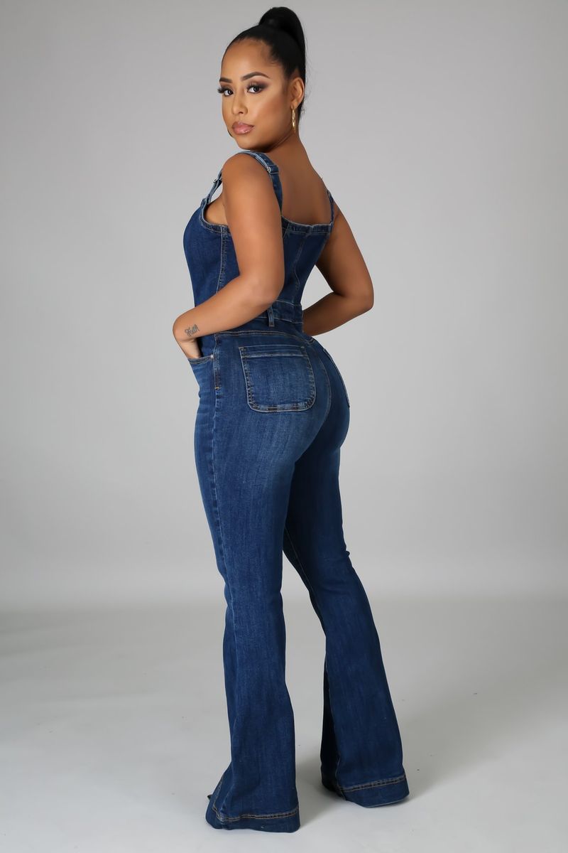 Roupas femininas Casual Sexy Suspensórios Denim Macacão Calças de perna larga_voghion.com