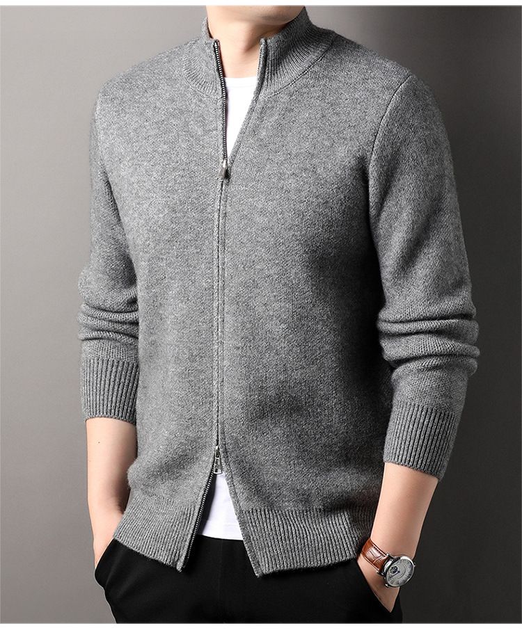 Herrenbekleidung Herren-Strickjacke mit Stehkragen und Reißverschluss – Minimalistische Strickpulloverjacke (Creme/Grau/Schwarz, M-XXXL)_voghion.com