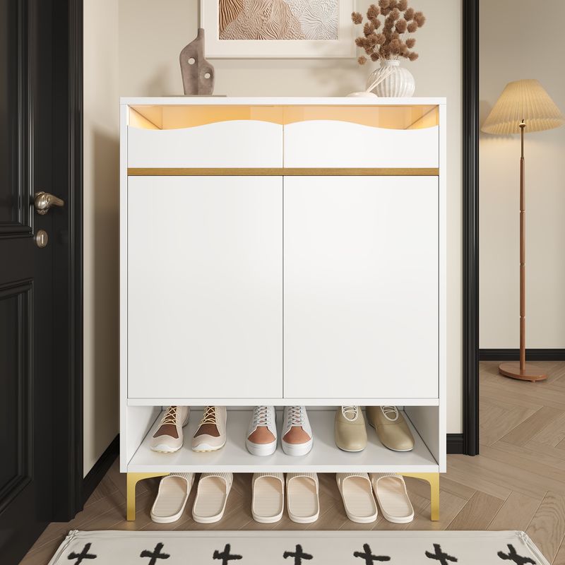 Meuble à chaussures blanc moderne avec éclairage LED 16 couleurs – Rangement gain de place pour couloir 80 x 35 x 105 cm avec tiroirs et étagères – Pour entrée, salon, couloir_voghion.com