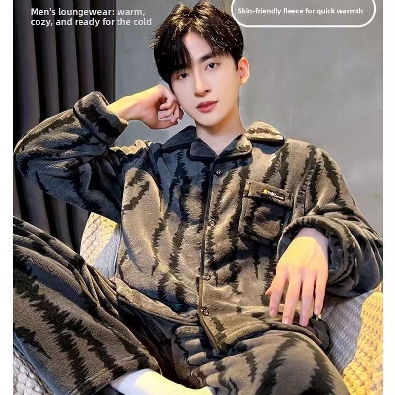 Autumn And Winter New Men's Loungewear Coral Fleece Thickened Warm Pajamas Can Be Worn Outside Loungewear_voghion.com
