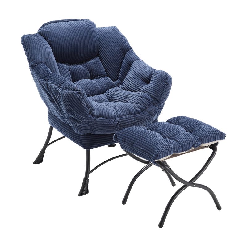 Fauteuil d'appoint ottoman moderne avec accoudoirs et poche latérale, fauteuil de lecture inclinable en tissu avec repose-pieds pour petits espaces, fauteuil d'angle bleu marine_voghion.com