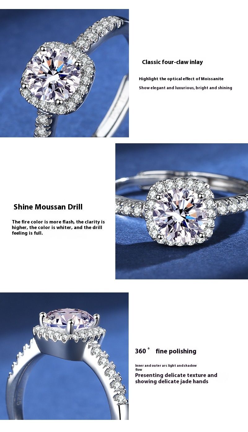 Mosang Ring Women's D Color 1 Carat Micro Set Square Bag High Carbon Stone S Silver Plated Platinum Couple Adjustable_voghion.com