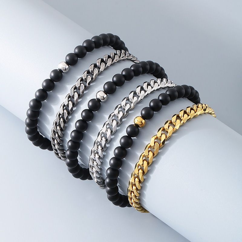 Herrenschmuck Retro-Trend Glücksperlen-Armband Gestapelter Stil Schwarze Achatperlen Doppellagige kubanische Kette Herrenarmband aus Titanstahl_voghion.com