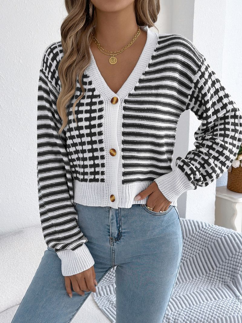 Cardigan a maniche a pipistrello con scollo a V e righe a contrasto da donna - Maglia corta autunno/inverno (cachi, bordeaux, nero)_voghion.com