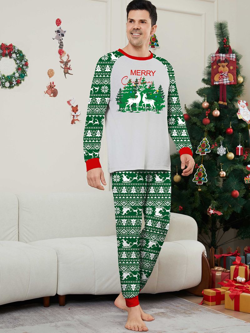 Festliches Weihnachts-Pyjama-Set für die ganze Familie – weiche, grüne Nachtwäsche mit Baum- und Buchstabendruck für Erwachsene, Kinder und Haustiere_voghion.com