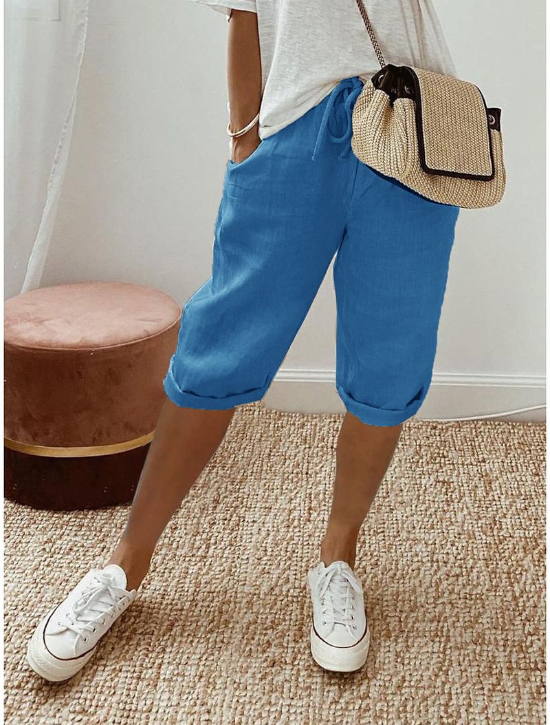 Women's cotton and linen pocket elastic casual pants women's pants quarter pants_voghion.com