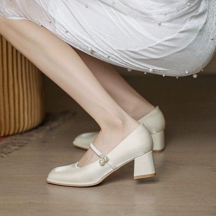 Scarpe singole Mary Jane in raso francese da donna, non affaticano i piedi, scarpe bianche con abiti da sposa, tacchi alti delicati_voghion.com